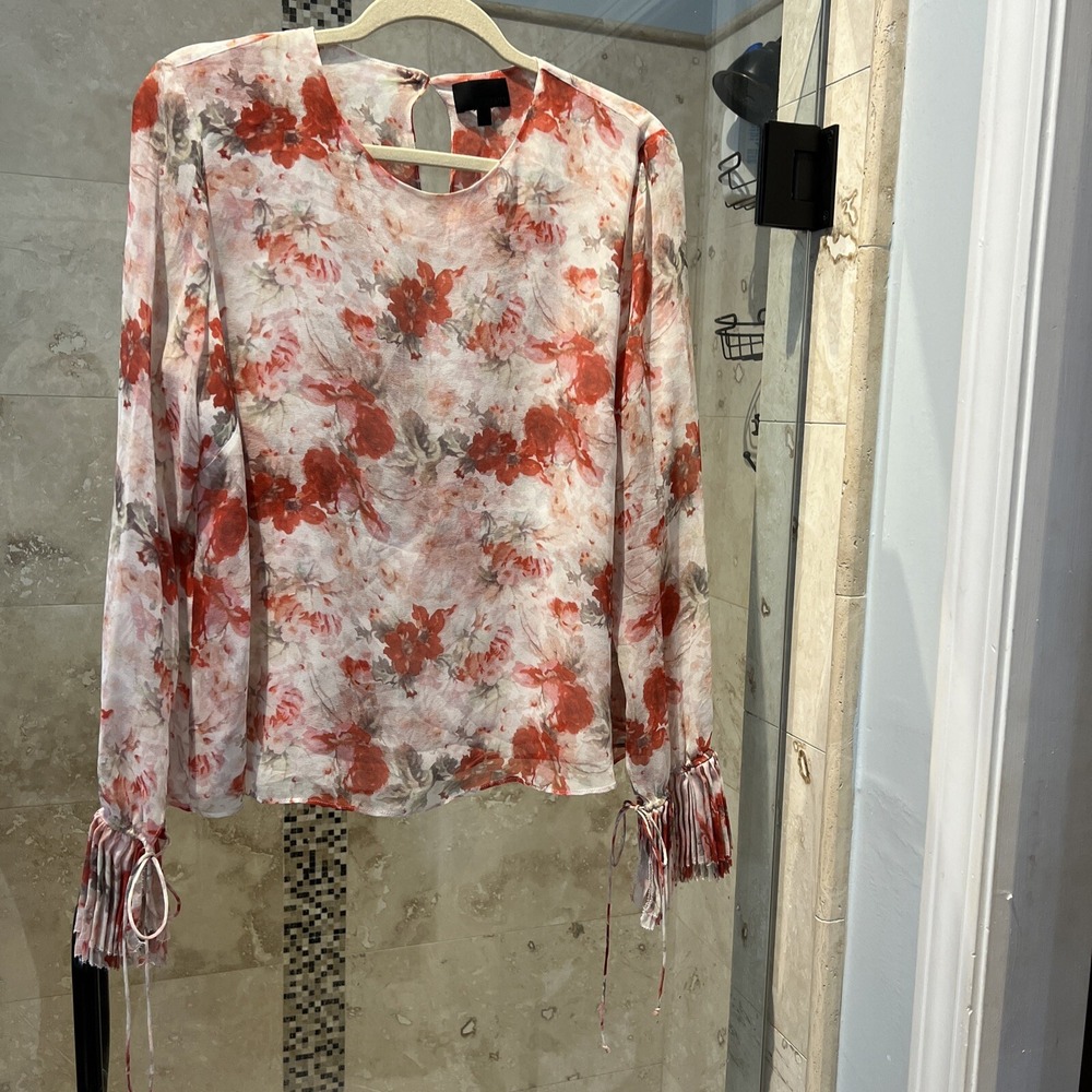 Intermix White Orange Fall Floral Print Pleated Silk Long Sleeve Top L - Picture 1 of 9